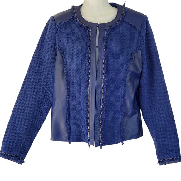 Saks Fifth Avenue Women's M Blue Leather Trim Cotton Waffle Weave Lined Jacket - Picture 1 of 12